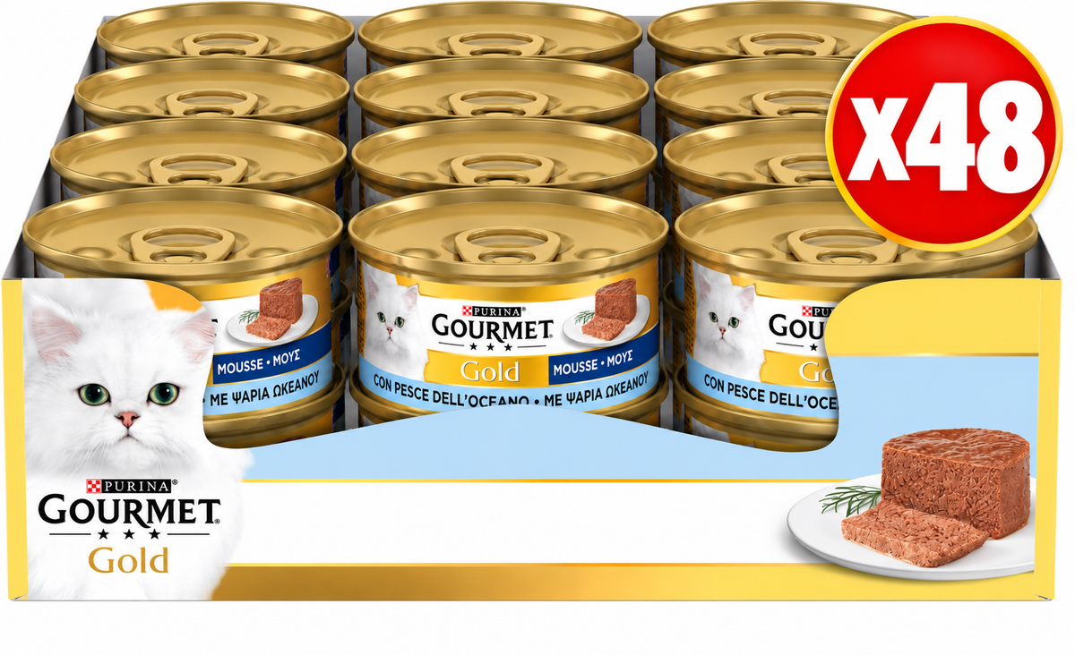 GOURMET Gold Cibo Umido per Gatti Adulti Mousse, 48 Lattine da 85 g pesce dell'oceano