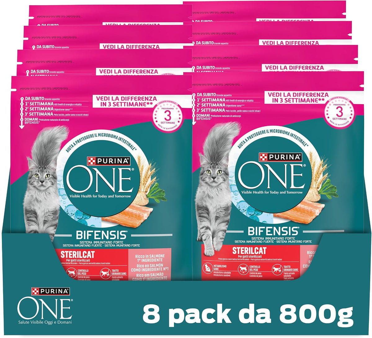 PURINA ONE Bifensis Sterilcat Crocchette Gatti Adulti, 8 Sacchi da 800g SALMONE
