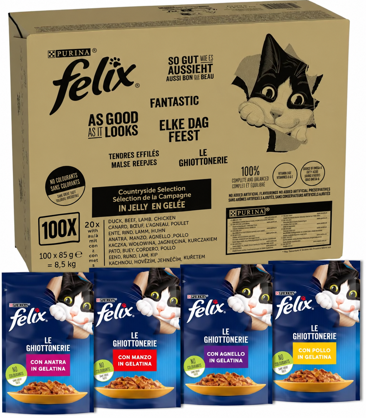 FELIX Le Ghiottonerie Cibo Umido per Gatti Adulti, 100 Bustine da 85g, Carne