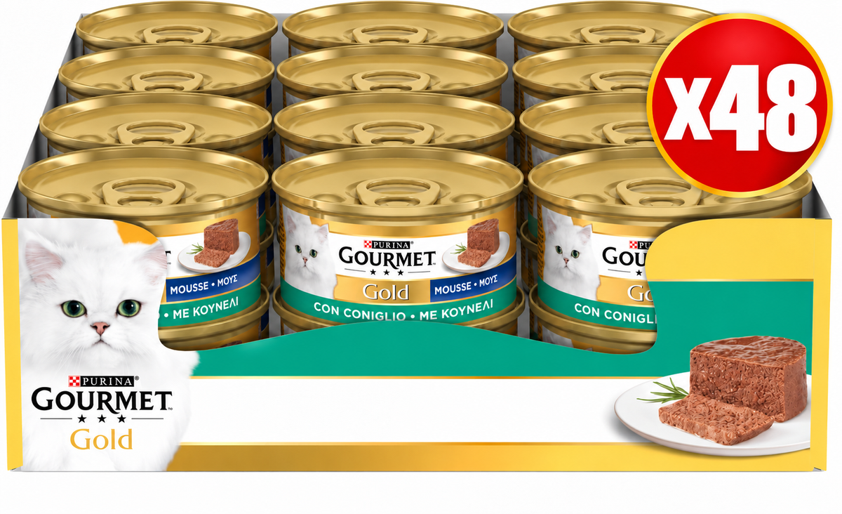 GOURMET Gold Cibo Umido per Gatti Adulti Mousse, 48 Lattine da 85 g coniglio