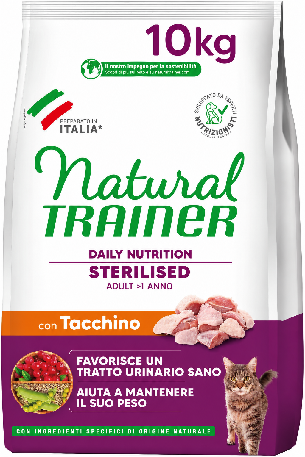 Trainer Natural Cat Sterilised Adult con Carni Bianche e Fibra di Pisello 10 Kg