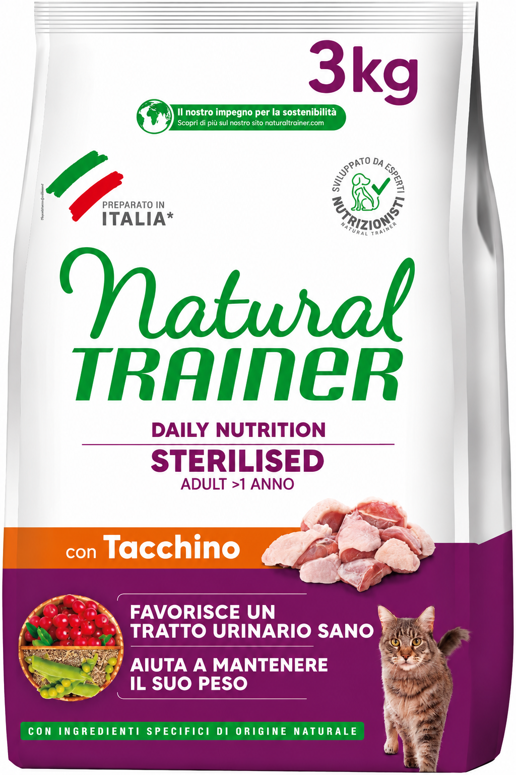 Trainer Natural Cat Sterilised Adult con Carni Bianche e Fibra di Pisello 3 Kg