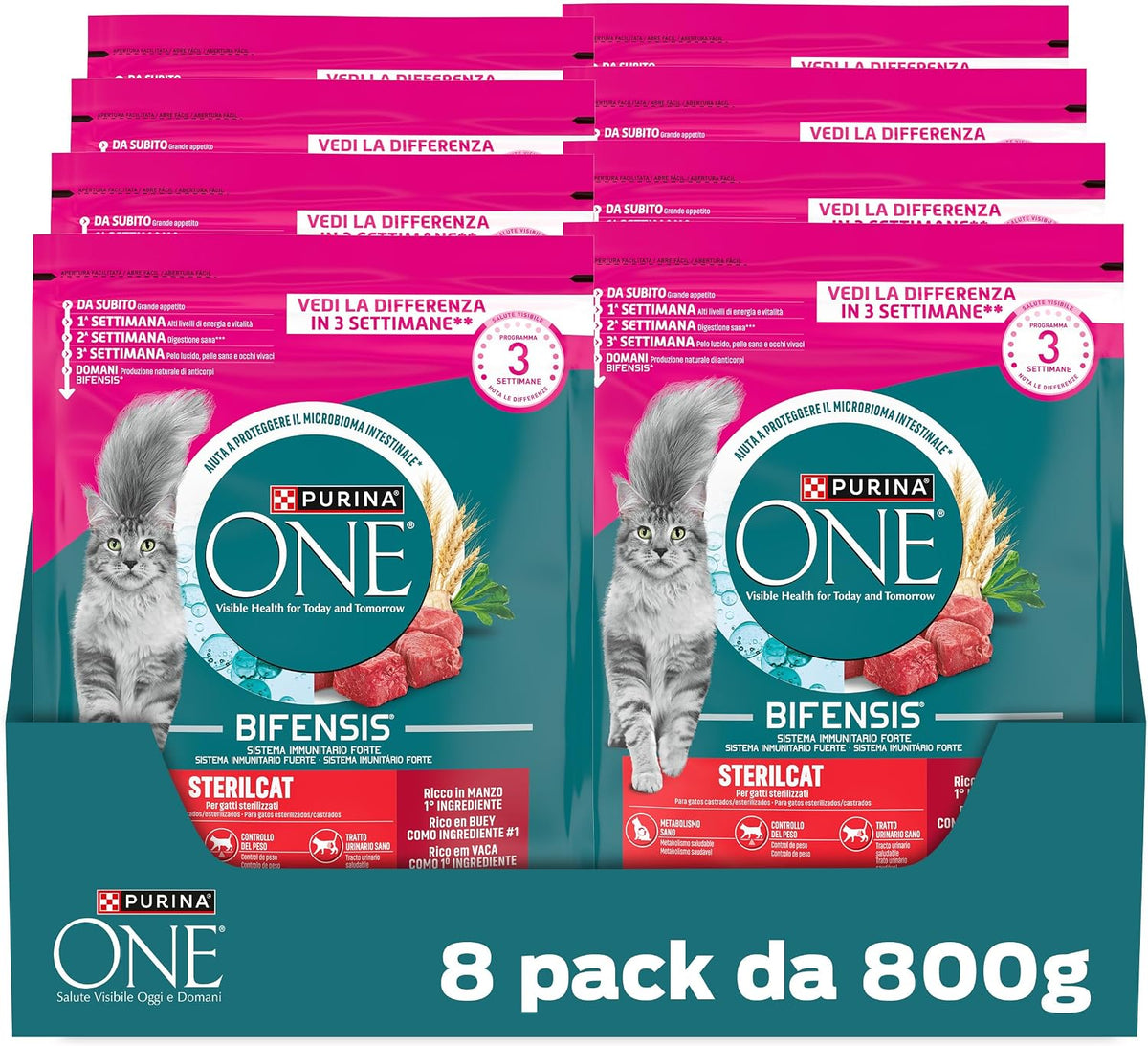 PURINA ONE Bifensis Sterilcat Crocchette Gatti Adulti, 8 Sacchi da 800g MANZO