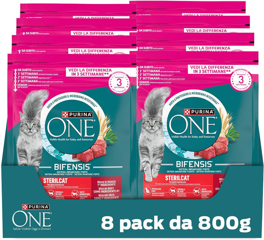 PURINA ONE Bifensis Sterilcat Crocchette Gatti Adulti, 8 Sacchi da 800g MANZO