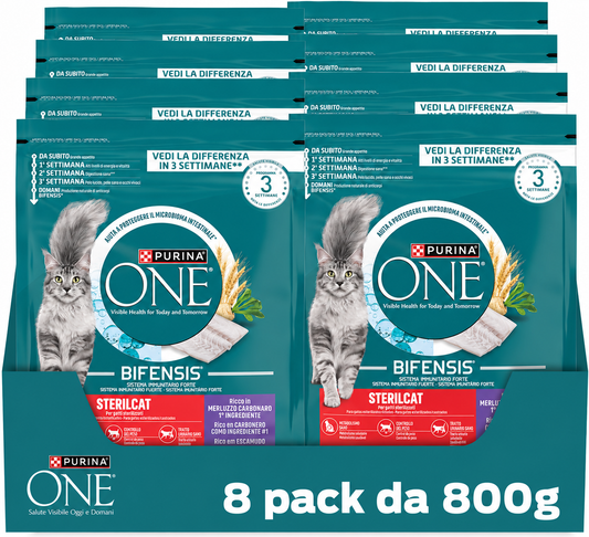 PURINA ONE Bifensis Sterilcat Crocchette Gatti Adulti, 8 Sacchi da 800g MERLUZZO