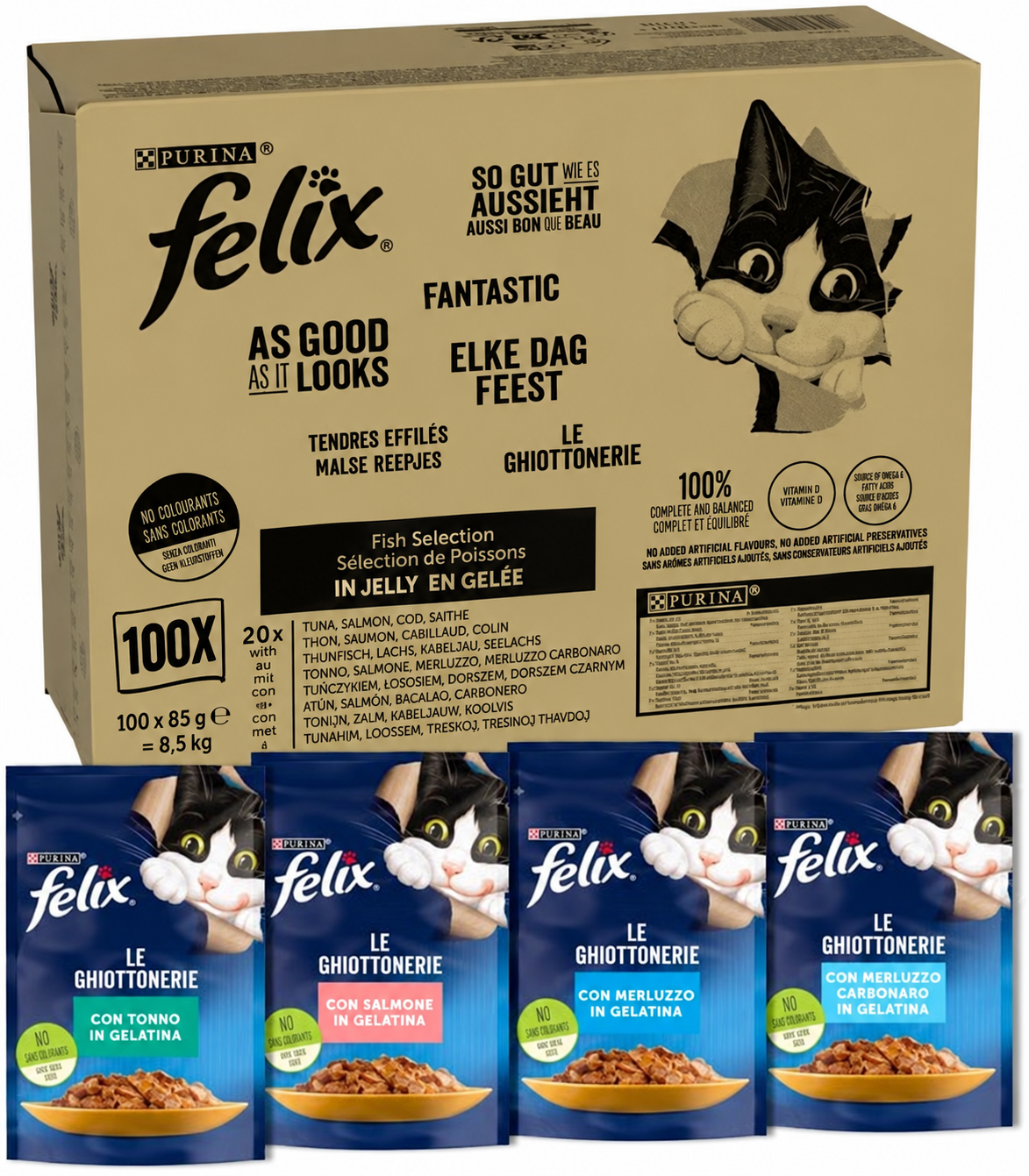 FELIX Le Ghiottonerie Cibo Umido per Gatti Adulti, 100 Bustine da 85g, Pesce