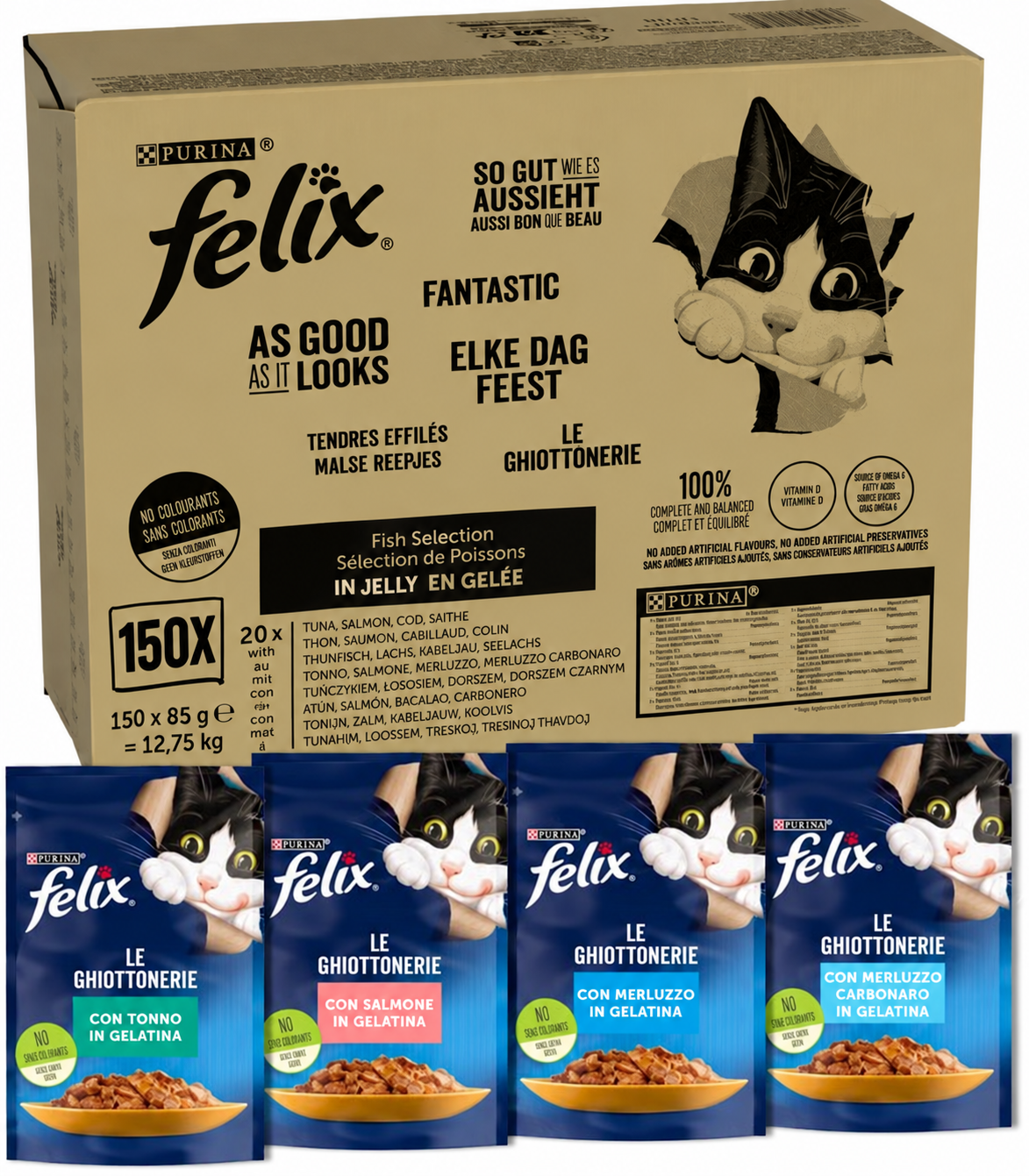 FELIX Le Ghiottonerie Cibo Umido per Gatti Adulti, 150 Bustine da 85g, Pesce