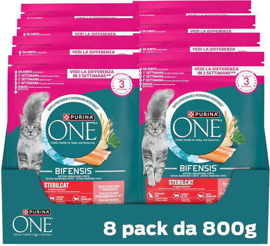 PURINA ONE Bifensis Sterilcat Crocchette Gatti Adulti, 8 Sacchi da 800g SALMONE