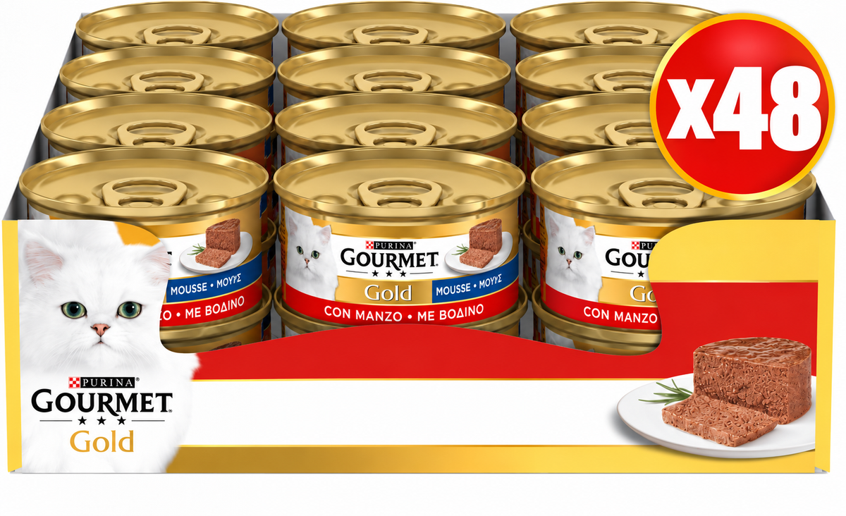 GOURMET Gold Cibo Umido per Gatti Adulti Mousse, 48 Lattine da 85 g manzo