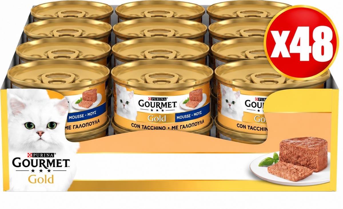 GOURMET Gold Cibo Umido per Gatti Adulti Mousse, 48 Lattine da 85 g tacchino